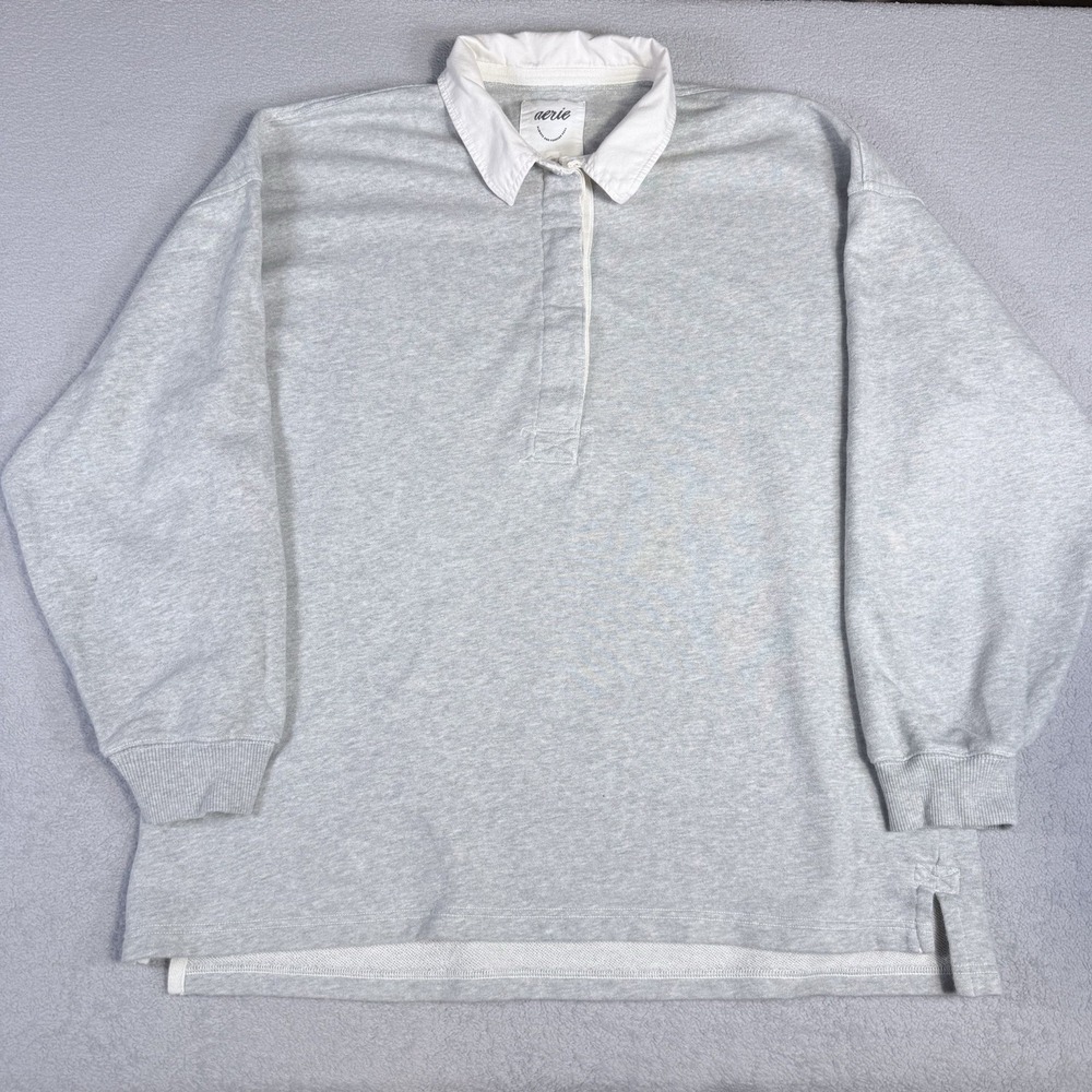 Aerie Rugby Polo Oversized Boxy Cropped Shirt Long Sleeves Women's Large Gray